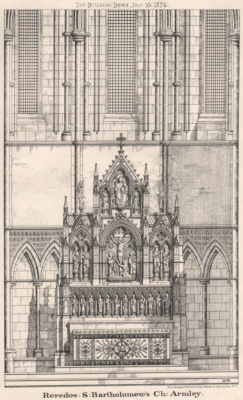 Reredos, St. Bartholomew's Ch, Armley. Leeds 1874 old antique print picture